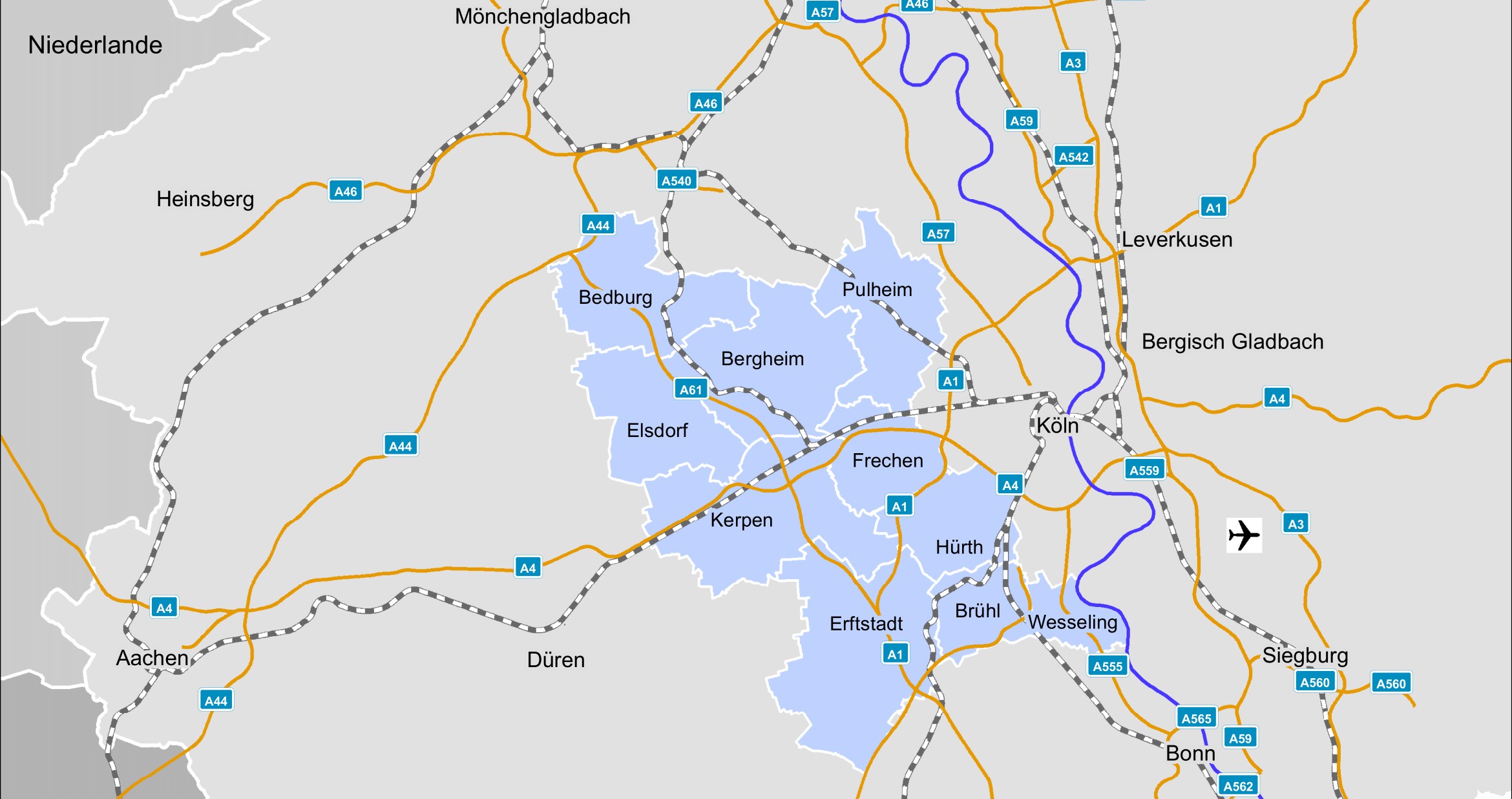 Karte vom Rhein-Erft-Kreis (Verbindungen: Autobahn, Schiene, Flugzeug)